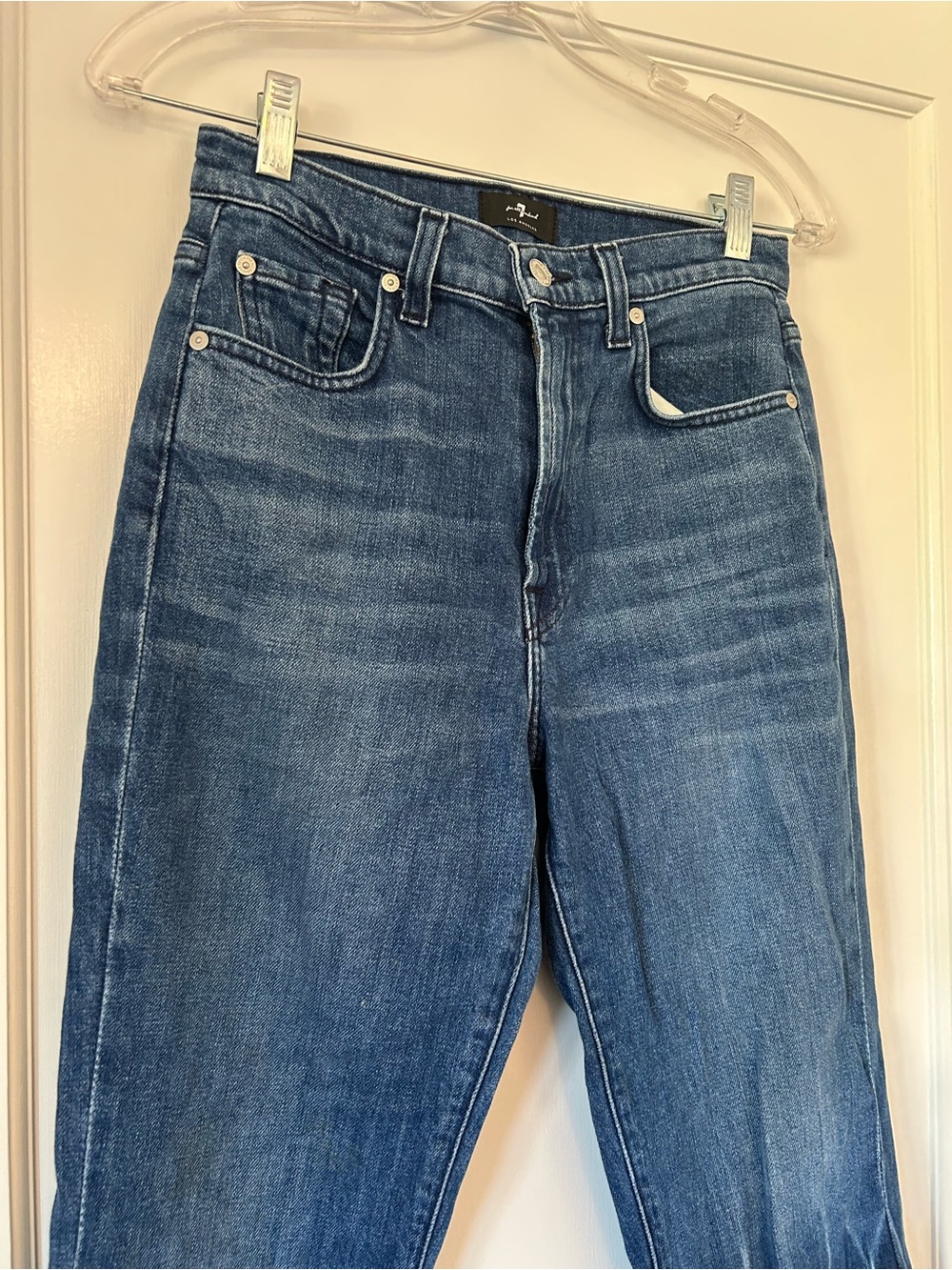 7 For All Mankind Dark Blue High-Rise Wide Leg Flare Jeans - Picture 5 of 12